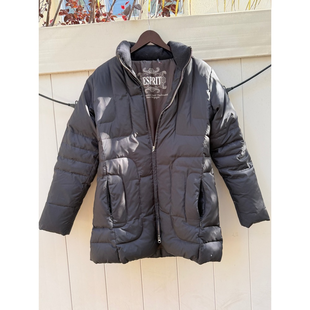 Esprit Womens Black Puffer Jacket Longline Quilted Winter Coat Funnel Neck Zip M